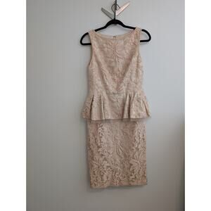 TADASHI SHOJI Lace Beige Lined Peplum Pencil Evening Dress Size 8p